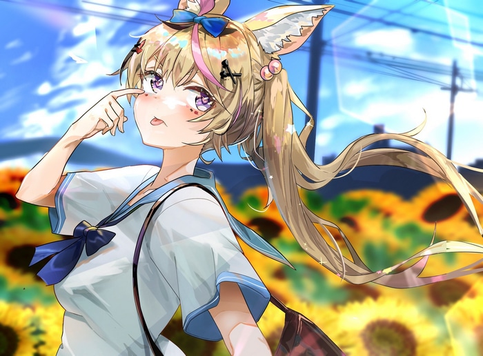 Omaru Polka in a school uniform with fox ears
