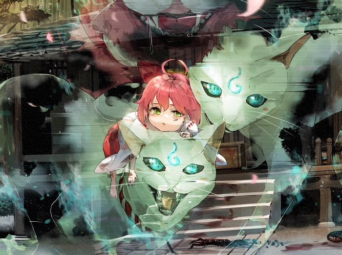 Sakura Miko and Ghost Cats at a Shrine