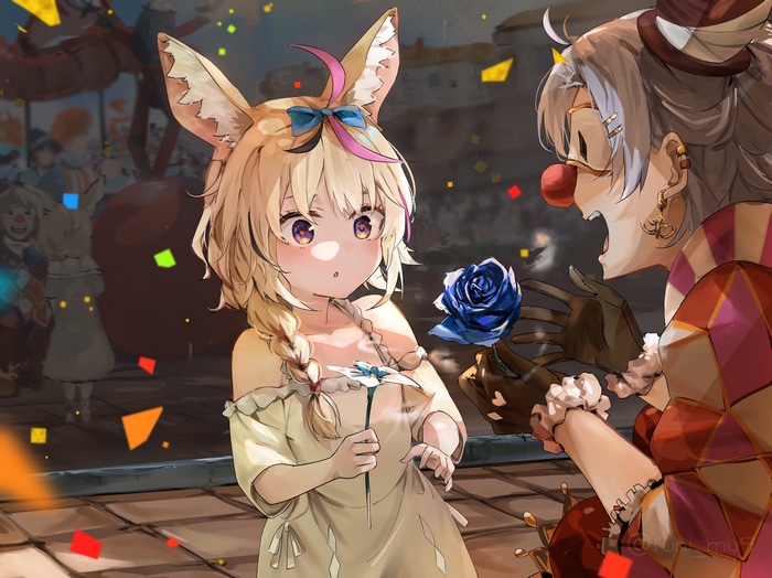 Omaru Polka and a clown with a blue rose