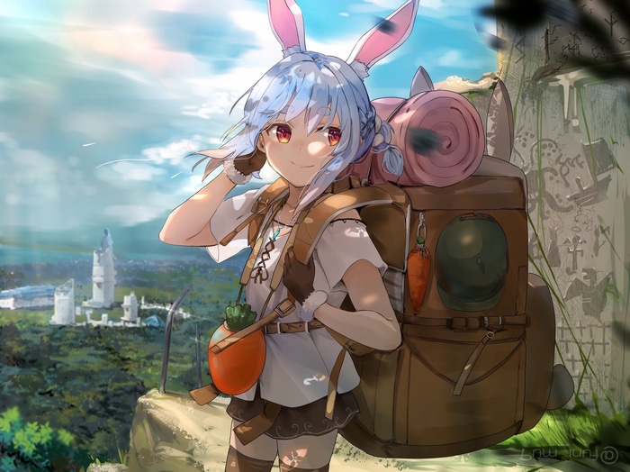Usada Pekora with bunny ears and backpack