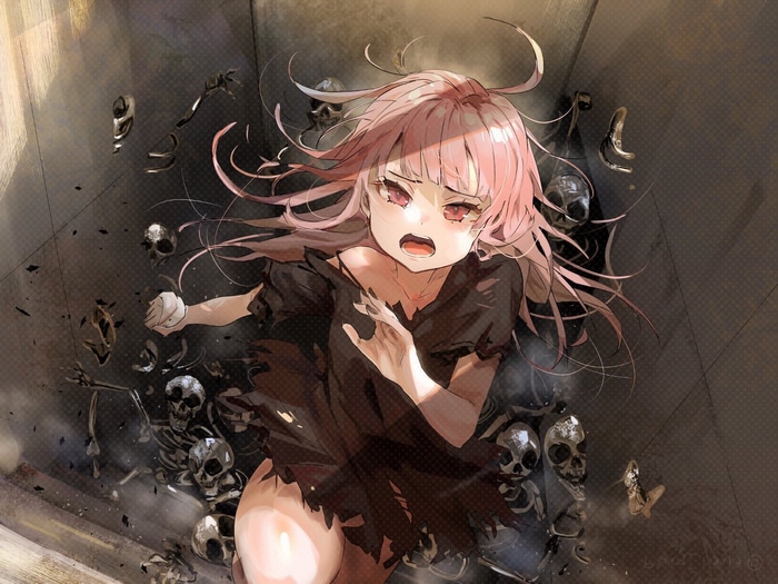 Mori Calliope surrounded by skulls and bones
