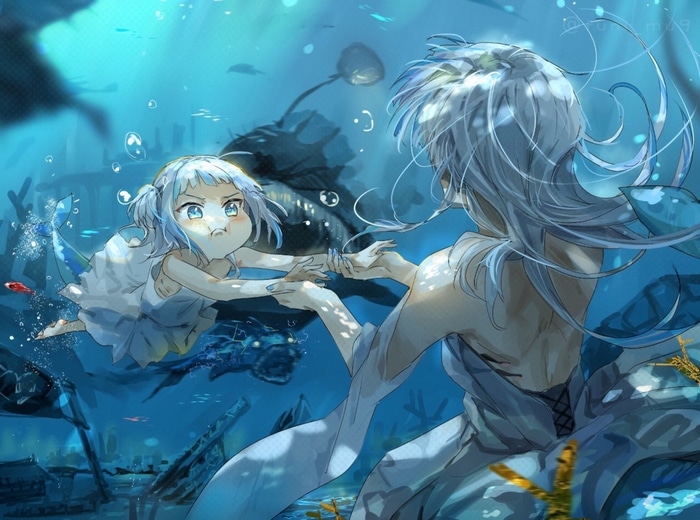 Gawr Gura and Mother underwater with sharks