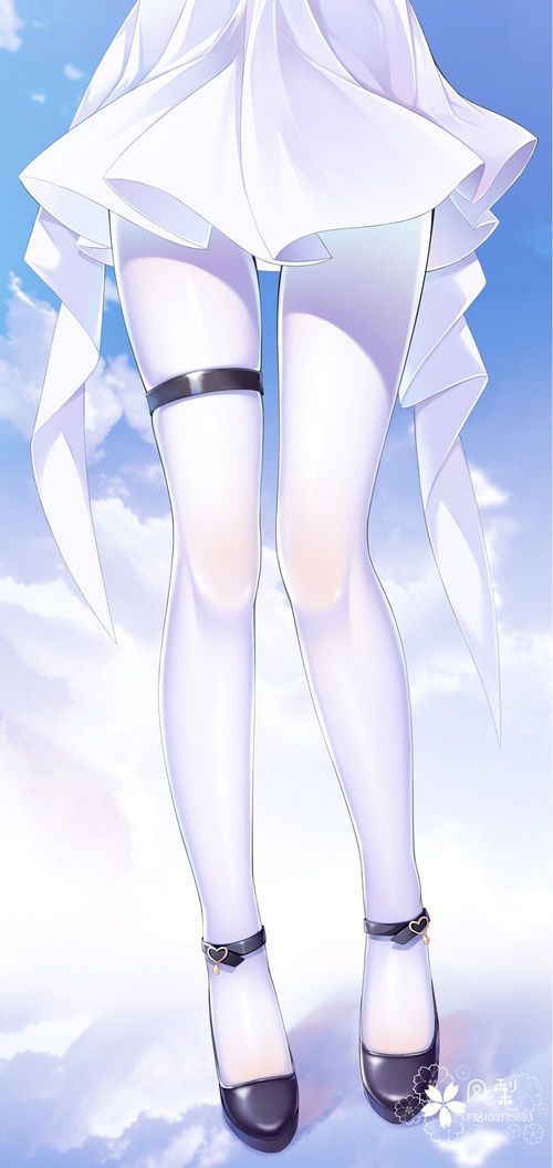 Anime girl's legs in white pantyhose and heels