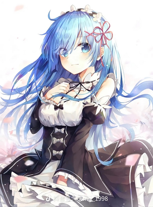 Rem from Re:Zero in a maid outfit with blue hair