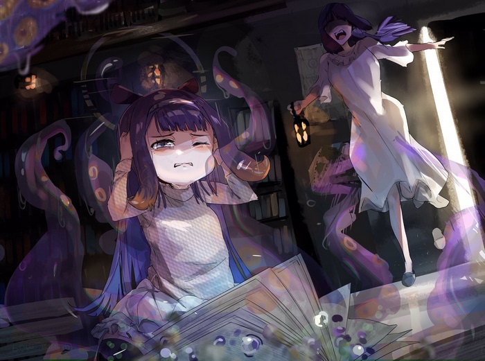 Ninomae Ina'nis and a ghost in a library