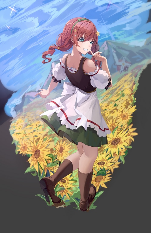 Girl with pink hair and blue eyes in a sunflower field