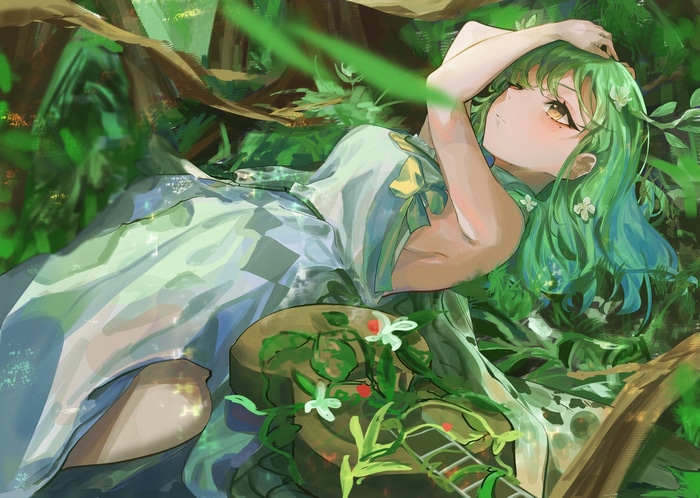 Girl with green hair and flowers in a forest