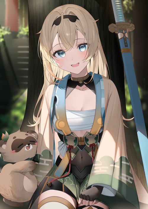 Anime girl with blonde hair and blue eyes holding a sword