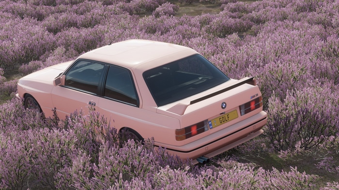 Pink BMW M3 E30 in a field of purple flowers