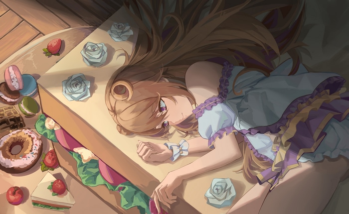 4K Anime Girl Lying Down with Sweets