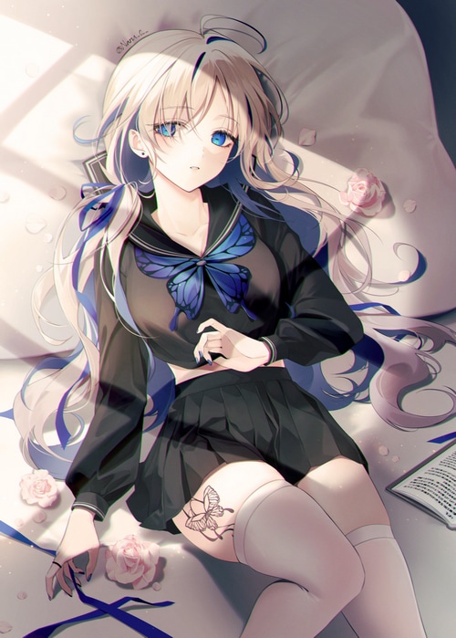 Anime girl with butterfly tattoo lying on bed