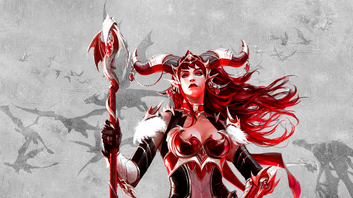 Alexstrasza from World of Warcraft with horns and staff
