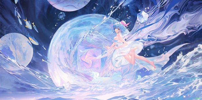 Girl with blue hair and fish in water