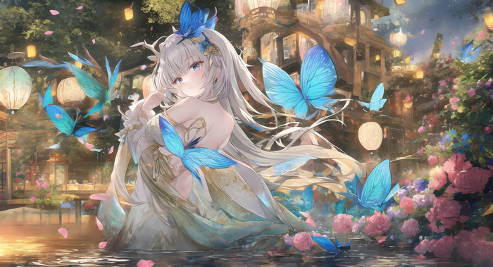 Girl with butterflies in fantasy Chinese architecture