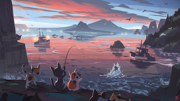 Cats fishing at sunset with dolphins and boats