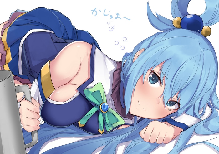 Aqua from KonoSuba holding a mug