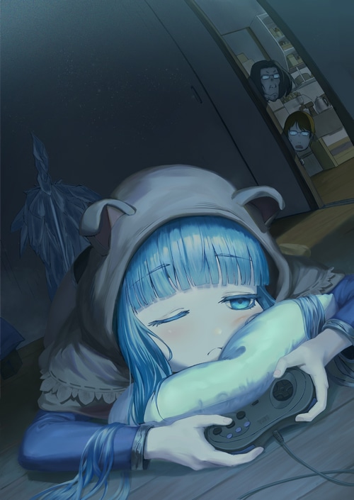 Isekai Ojisan: Girl with blue hair playing video games