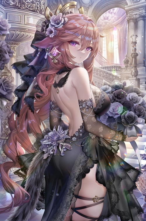 Yae Miko from Genshin Impact holding a bouquet of roses