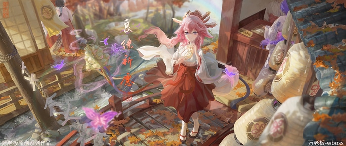 Yae Miko from Genshin Impact with butterflies and leaves