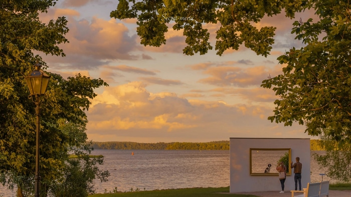 Couple and dog admire sunset over lake through a frame