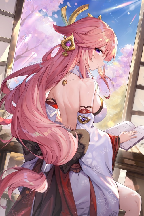 Big Boobs, Sideboob, Pink Hair, Looking At The Side, Bareback, Blushing 