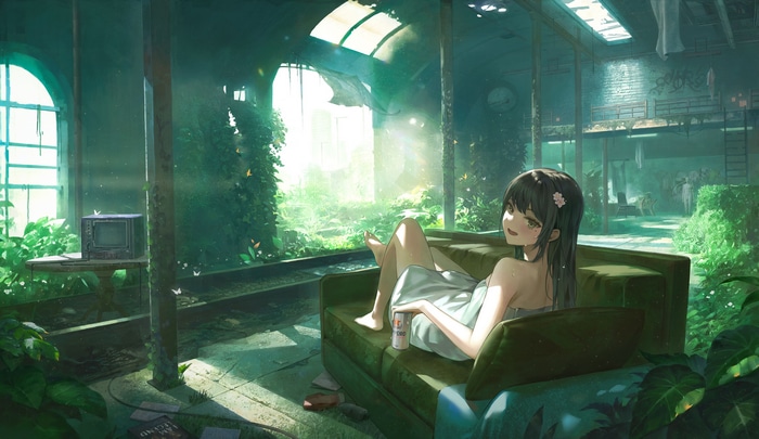Girl in towel on couch in overgrown greenhouse