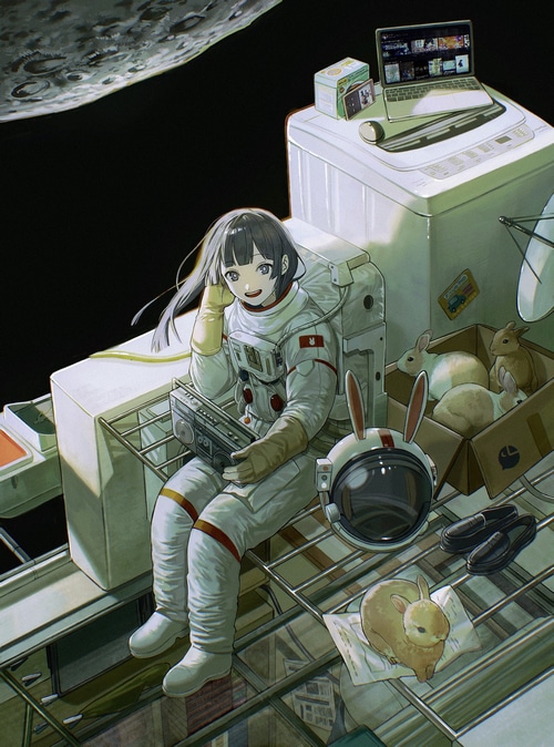 Tsukino Mito in a Spacesuit with Rabbits and a Laptop