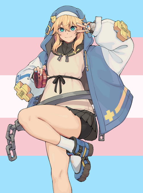Bridget from Guilty Gear with a peace sign