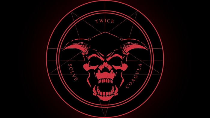 Red demon skull with horns and text