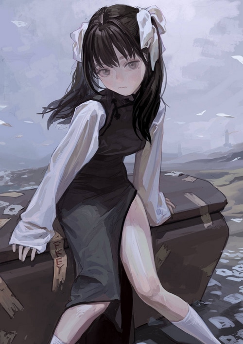 Anime girl with twintails sitting on a trunk