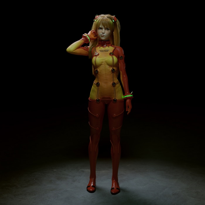 Asuka Langley Soryu in a red and yellow bodysuit