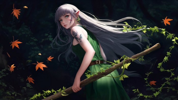 Fantasy elf girl with long white hair in a green dress