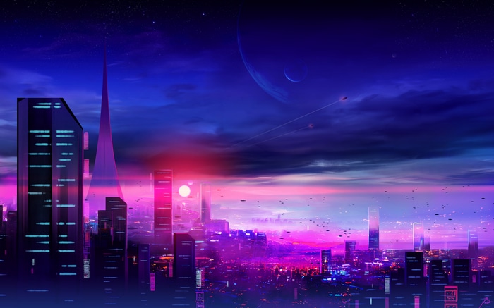 Cyberpunk cityscape at dusk with futuristic architecture