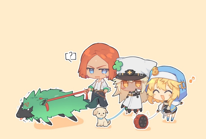 Chibi Giovanna, Ramlethal, and Bridget walking pets