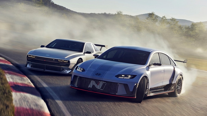 Hyundai N Vision 74 concept cars on a race track