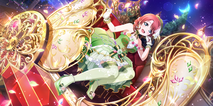 Emma Verde in a green dress on a golden carriage