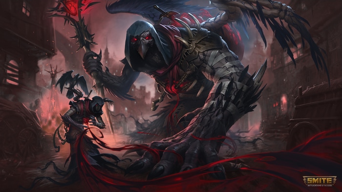 Smite 4K: A monstrous crow-like creature and a smaller figure