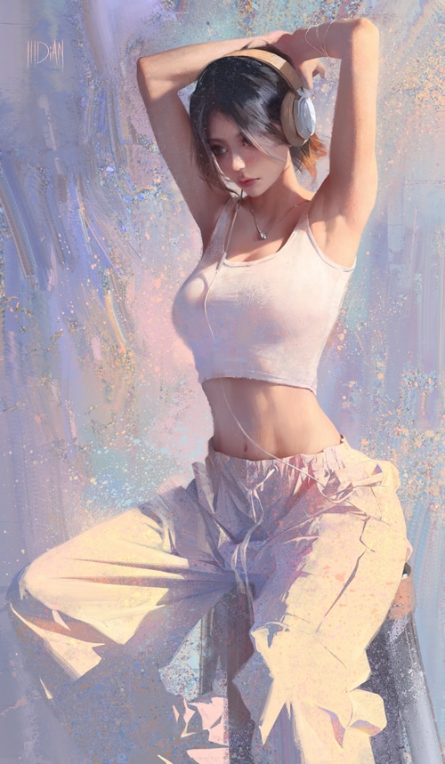 ILLDIAN Asian woman wearing headphones and crop top