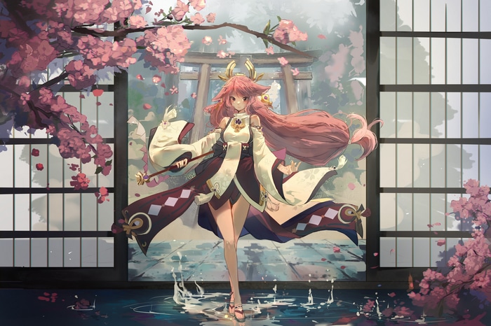 Yae Miko from Genshin Impact with cherry blossoms