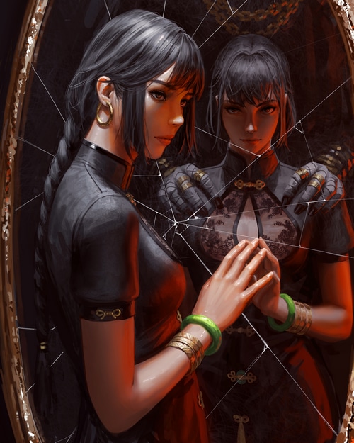 4K Fantasy Art of Women in Cheongsam Reflected in Broken Mirror
