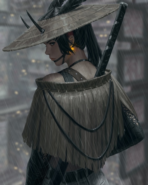 Fantasy girl with horns and katana in the rain