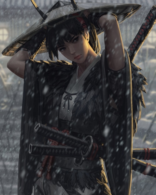 Samurai woman in snow with katanas