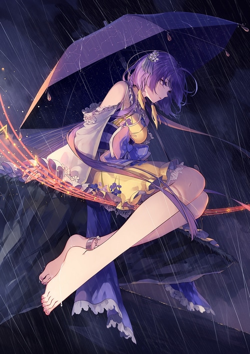 Girl with purple hair under an umbrella in the rain