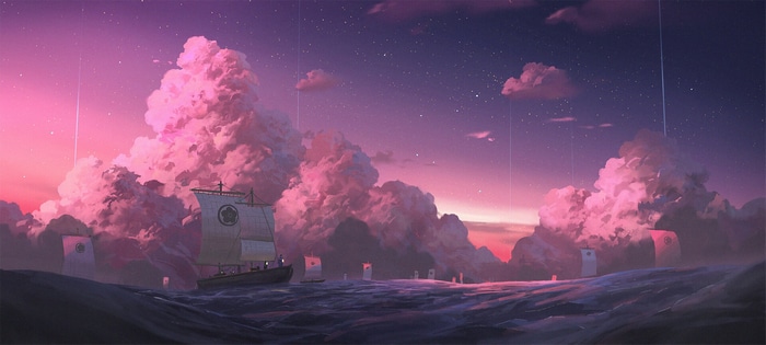 Sailing ships under a starry pink sky with clouds