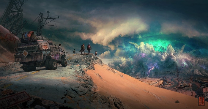 Post-apocalyptic survivors observe a violent storm