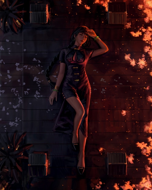 Woman in Chinese dress lying down with fire