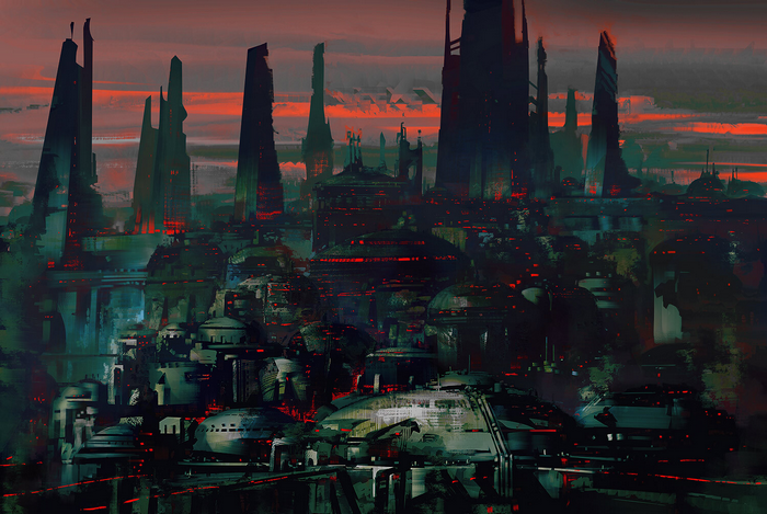 Dark futuristic city with red lights and tall buildings