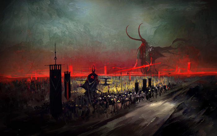 Army of demons marching under a red sky with a large demon deity