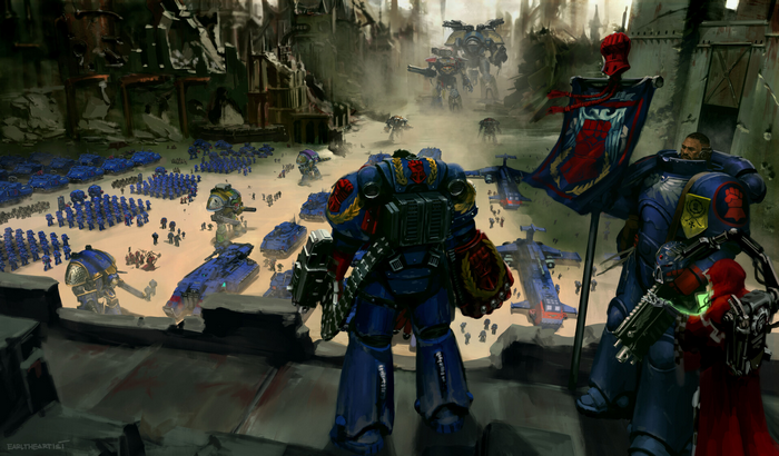 Warhammer 40,000 Space Marines and Titans in battle