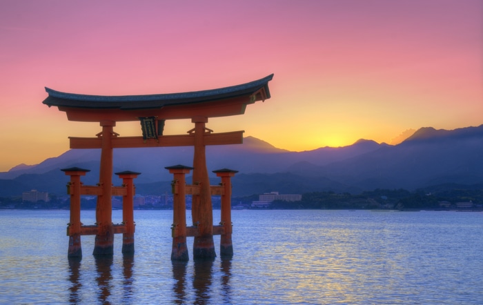 Itsukushima Gate at sunset in Japan